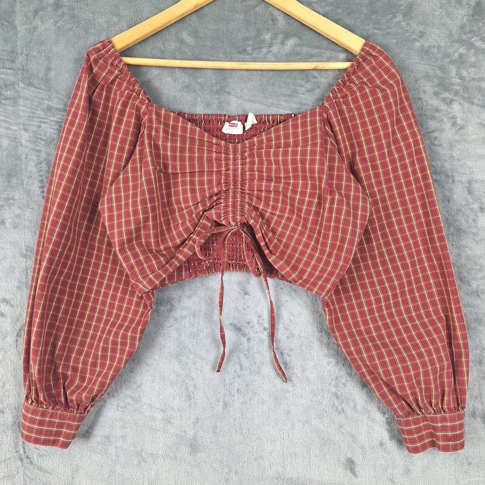 Womens Top Small Red Plaid Cropped Milkmaid Western Feminine Coastal Cowgirl